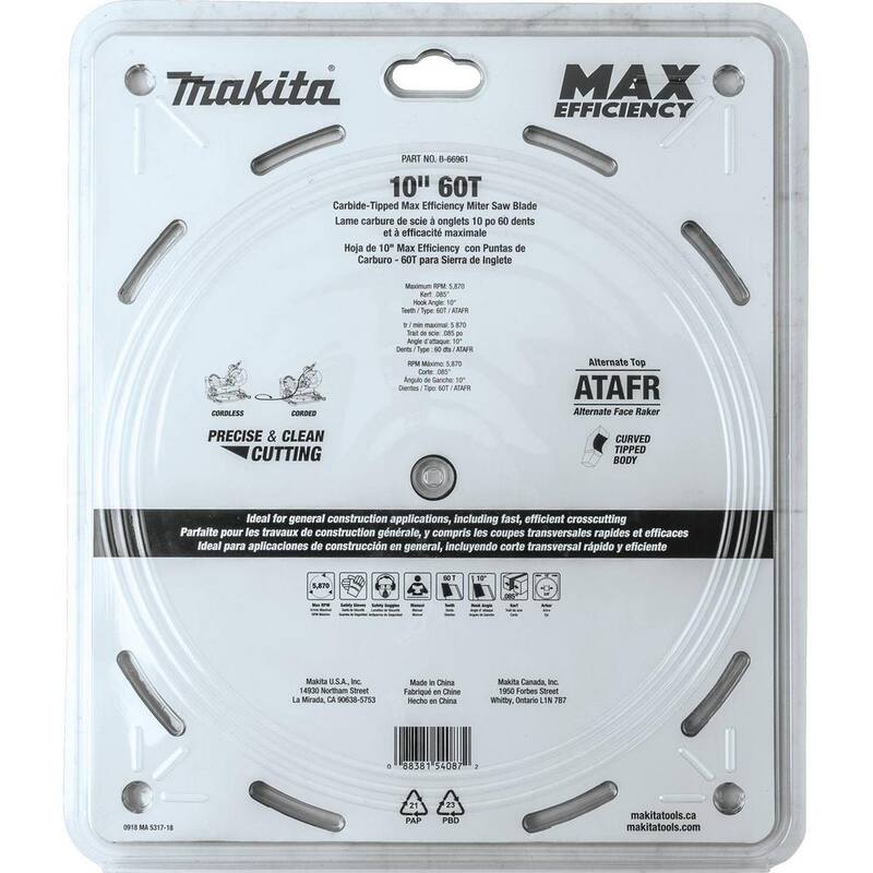 Makita 10 pulgadas 60 dientes Carburo-Tungsteno Hoja para sierra ingletadora de máxima eficiencia - B-66961