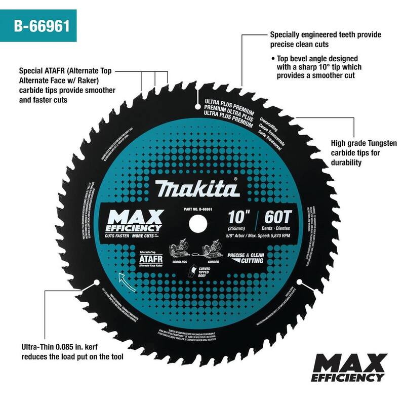 Makita 10 pulgadas 60 dientes Carburo-Tungsteno Hoja para sierra ingletadora de máxima eficiencia - B-66961