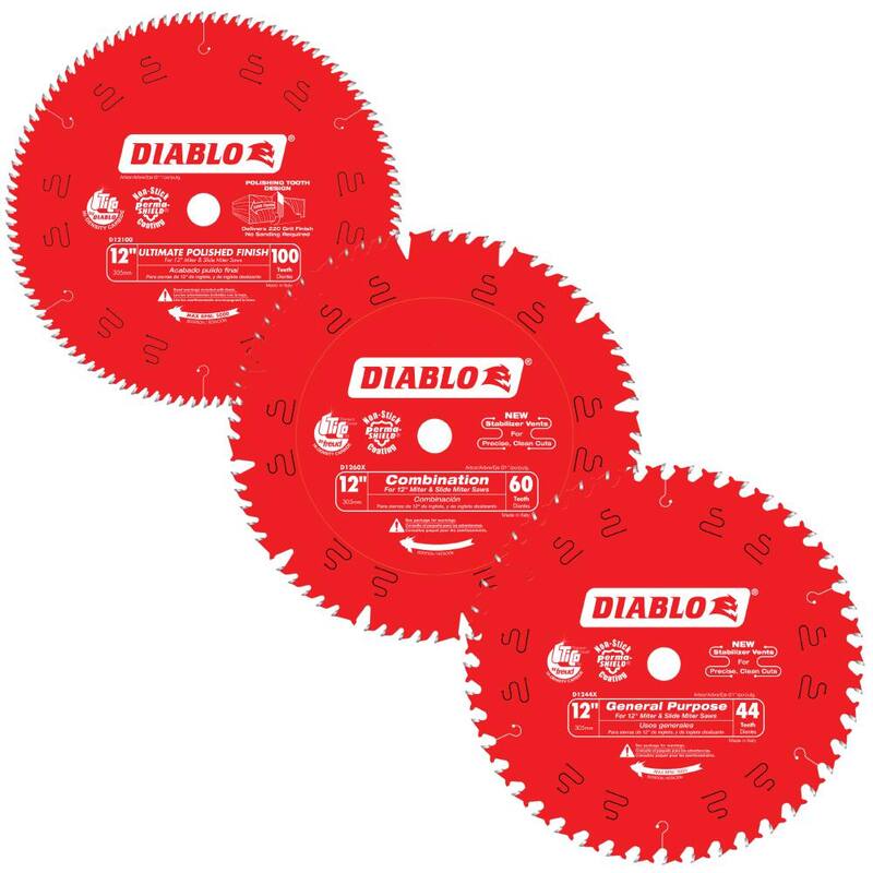 Hoja de sierra DIABLO de 12 pulgadas para madera 44 dientes para uso general, combinación de 60 dientes, pulido final de 100 dientes (3 hojas) - D124460100X3GS