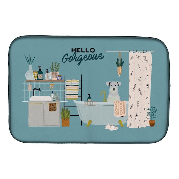 Carolines Treasures 14 x 21 in. White Miniature Schnauzer in Bathtub Dish Drying Mat - CK7475DDM