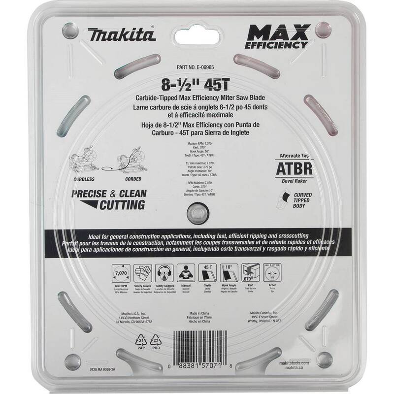 Makita Max Efficiency Hoja de sierra ingleteadora de corte delgado de 8-1/2 pulgadas y 45 dientes - E-06965