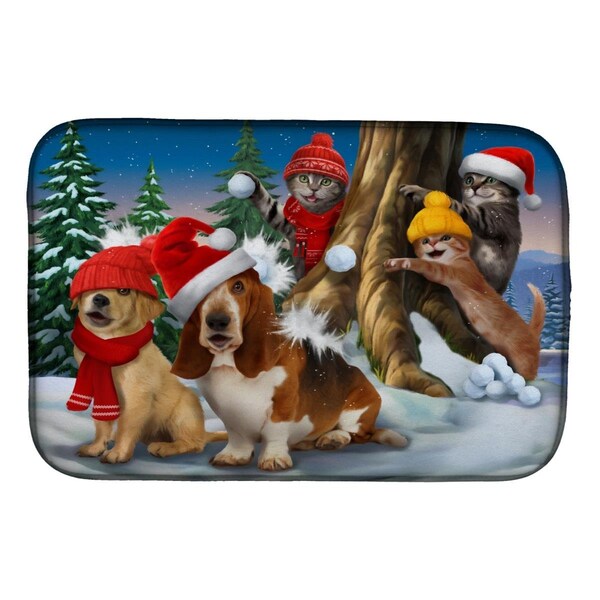 Carolines Treasures 14 x 21 in. Basset, Golden & Cats Snowball Fight Dish Drying Mat - PTW2066DDM