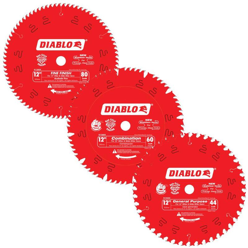 DIABLO 12 in. Hojas de sierra circular para madera de 44 dientes de propósito general, de 60 dientes de combinación y de 80 dientes finos (3 hojas) - D12446080X3GS