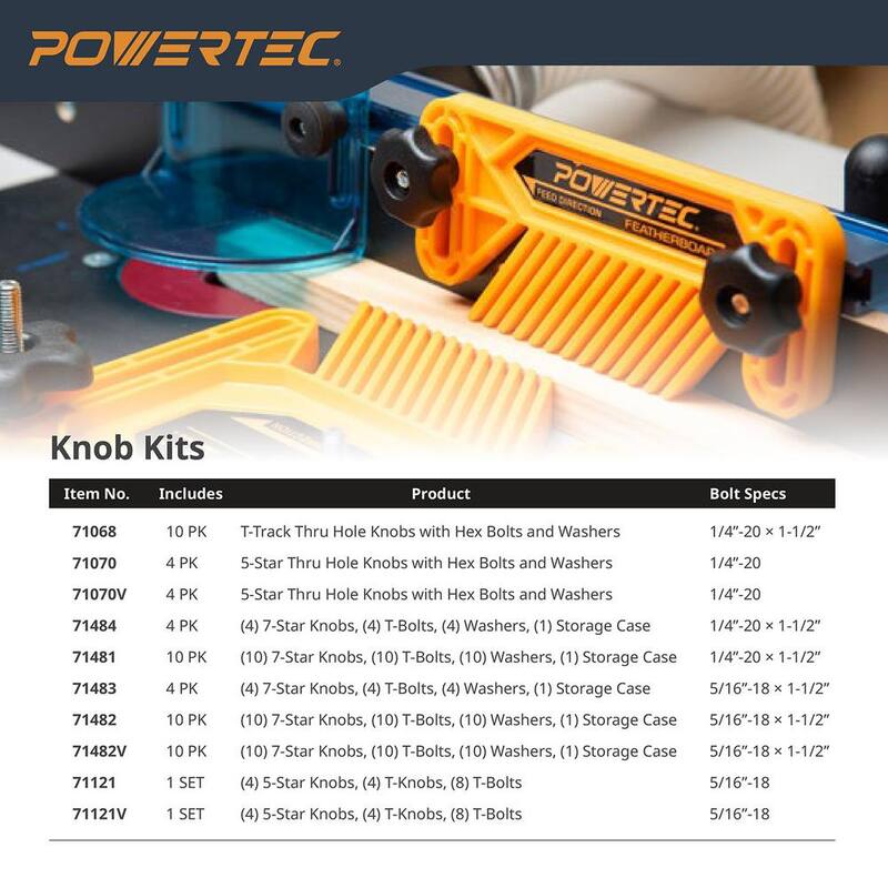 Tornillos, arandelas y perillas de riel en T POWERTEC 1/4-20 in. x 1-1/2 in. (Paquete de 10) - 71068