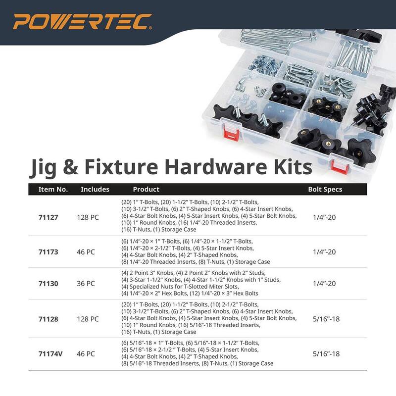 Kit de hardware para plantilla de riel en T de POWERTEC de 5/16-18 pulgadas (46 piezas) - 71174