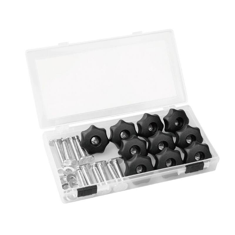 Kit de Perillas POWERTEC T-Track con 7 Perillas Roscadas Estrella de 1/4 pulgadas-20, Tornillos y Arandelas para Plantillas y Dispositivos de Carpintería (Juego de 10) - 71481