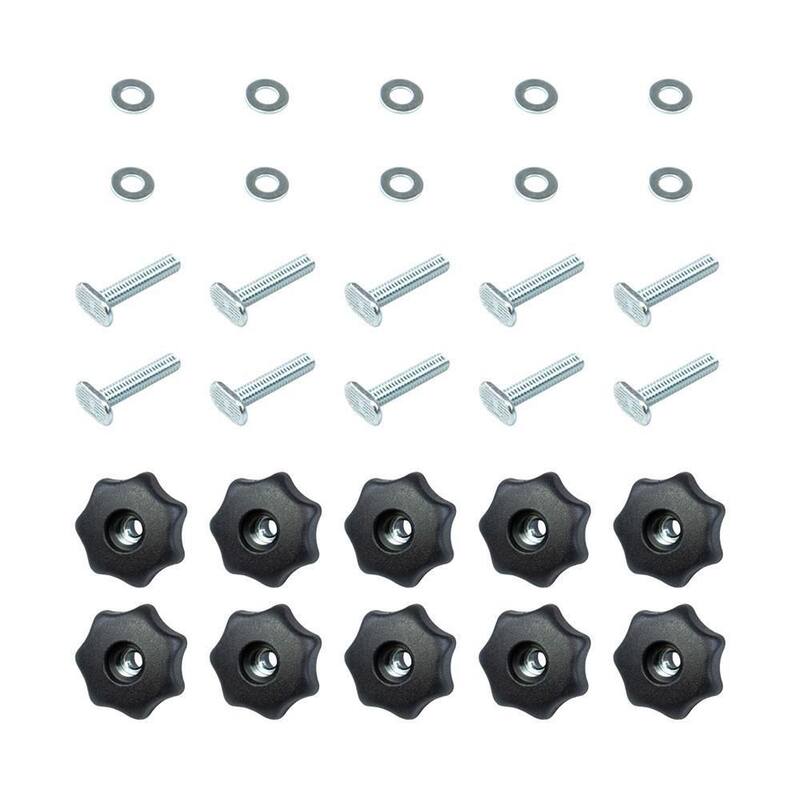 Kit de Perillas POWERTEC T-Track con 7 Perillas Roscadas Estrella de 1/4 pulgadas-20, Tornillos y Arandelas para Plantillas y Dispositivos de Carpintería (Juego de 10) - 71481