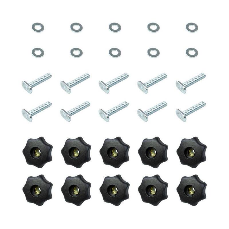 Kit de perillas POWERTEC T-Track con 7 perillas roscadas de estrella de 5/16 pulgadas-18, pernos y arandelas para plantillas y accesorios de carpintería (juego de 10) - 71482