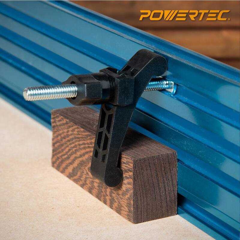 Abrazaderas de sujeción POWERTEC Mini T Track de la serie de carpintería, 3-3/4 pulg. x 3/4 pulg. Abrazaderas de plástico reforzado con pernos en T de acero, (paquete de 8) - 71661-P4