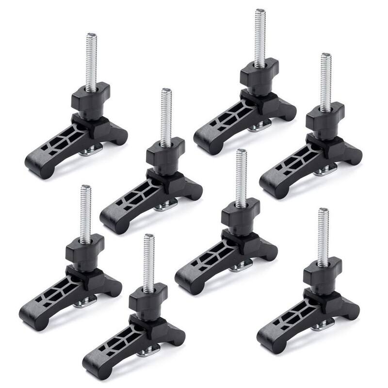 Abrazaderas de sujeción POWERTEC Mini T Track de la serie de carpintería, 3-3/4 pulg. x 3/4 pulg. Abrazaderas de plástico reforzado con pernos en T de acero, (paquete de 8) - 71661-P4