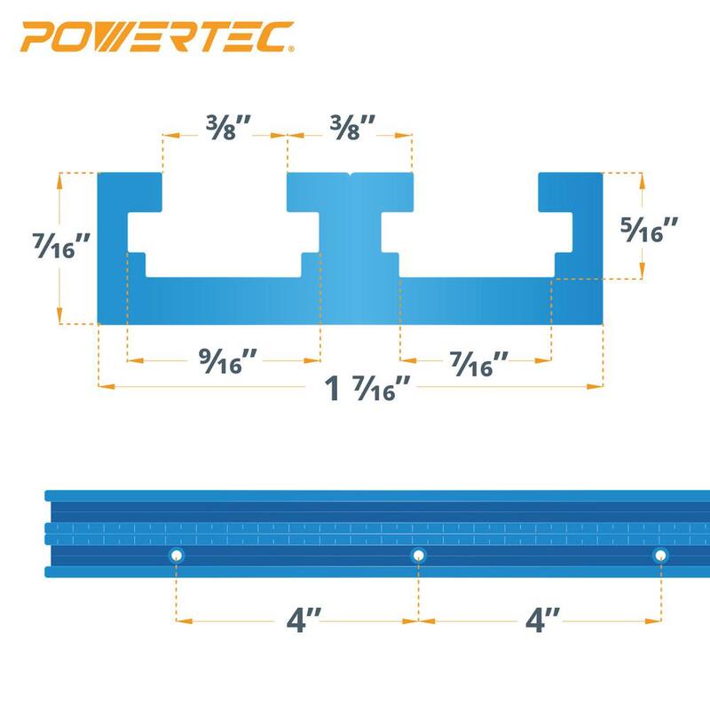POWERTEC Riel T universal de doble corte de 36 pulgadas con escala grabada con láser dual, tope de cerca de 3 pulgadas y kit de perilla de riel T - 71946N