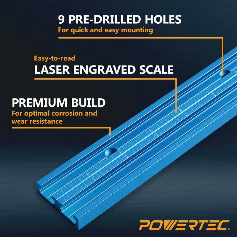 POWERTEC Riel T universal de doble corte de 36 pulgadas con escala grabada con láser dual, tope de cerca de 3 pulgadas y kit de perilla de riel T - 71946N