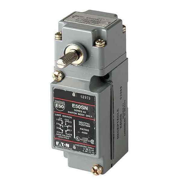 Interruptor de límite de trabajo pesado Eaton, sin palanca, rotativo, 2NC/2NO, 10A @ 600V AC, Ubicación del actuador: Lateral - E50BL1.