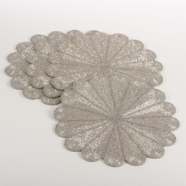 Rlm Distribution SARO  15 in. Flower Design Beaded Placemat  Silver, 4PK - HO3190780