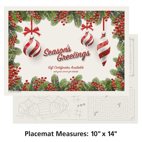 Hoffmaster 10" x 14" Holiday Ornaments Gift Certificate Paper Placemats 1000 PK - 311143