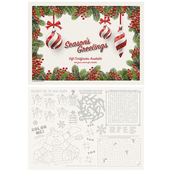 Hoffmaster 10" x 14" Holiday Ornaments Gift Certificate Paper Placemats 1000 PK - 311143