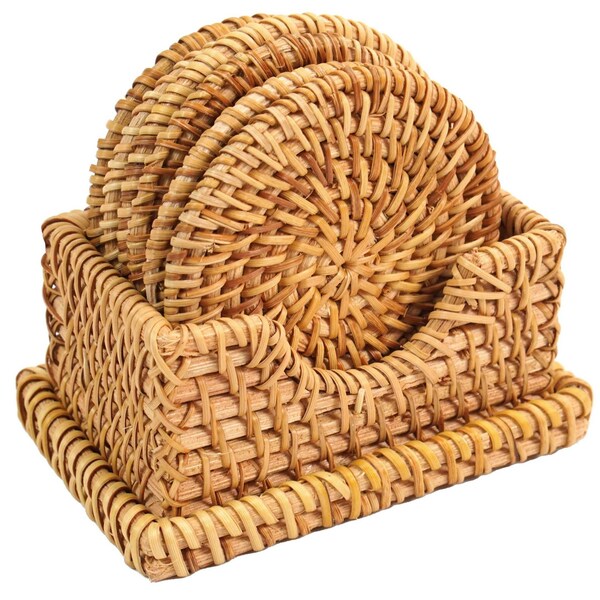 Vintiquewise Honey Brown Round Natural Rattan Placemats with Rectangular Holder, PK 6 - QI004240