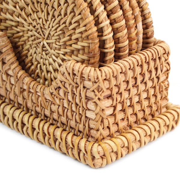 Vintiquewise Honey Brown Round Natural Rattan Placemats with Rectangular Holder, PK 6 - QI004240