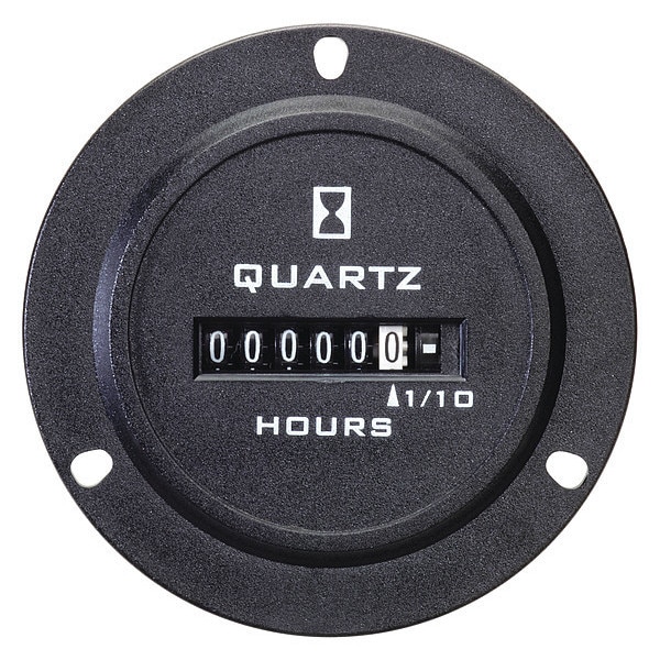 Contador de horas Trumeter, redondo, electromecánico, no reseteable, horas/décimas, 120 a 240V CA, 6 dígitos, negro - 722-0004.