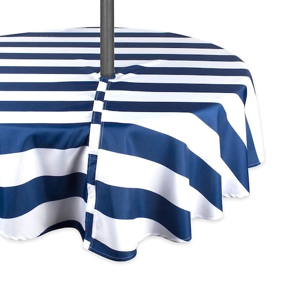 Fastfood 60 in. Nautical Blue Cabana Stripe Outdoor Round Tablecloth with Zipper - FA2567204