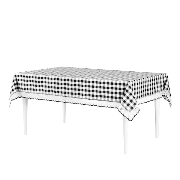 Desorden 60 x 84 in. Buffalo Check Rectangle Tablecloth with Macram Trim, Black & White - DE2512099
