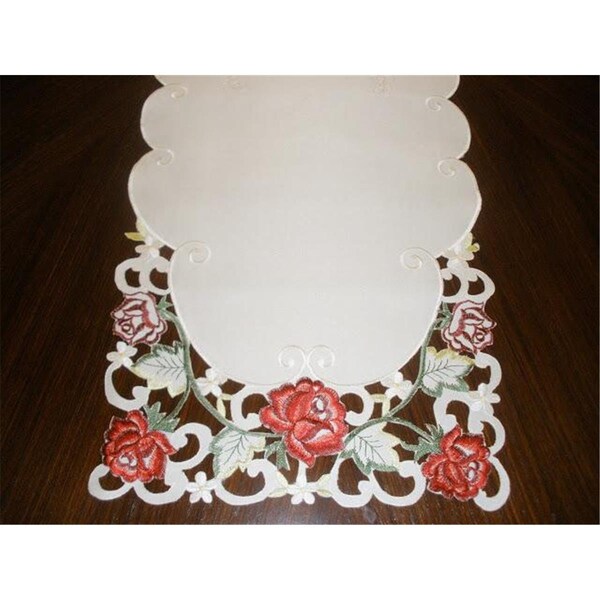 Fastfood MH10938-1454 14 x 54 in. Embroidered Red Rose And Lacy Cutwork Table Runner, Ivory - FA2570244