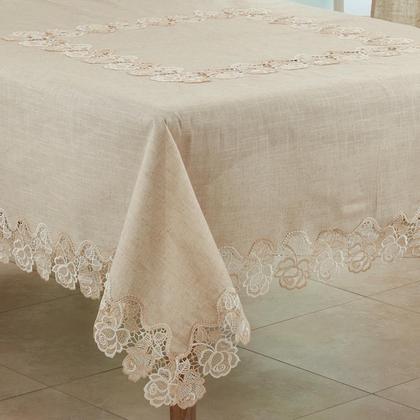 Saro 72 in. Lace Rose Border Square Tablecloth, Natural - 7082.N72S