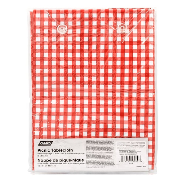 Camco PICNIC TABLECLOTH, RED/WHITE 52IN X 84IN, BILINGUAL - 51019