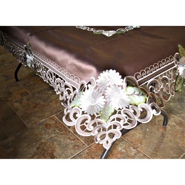 Sinobrite H8852-1-68x126 68 x 126 in. White Daisy Green Leaves on Brown Fabric Tablecloth - H8852/1-68X126