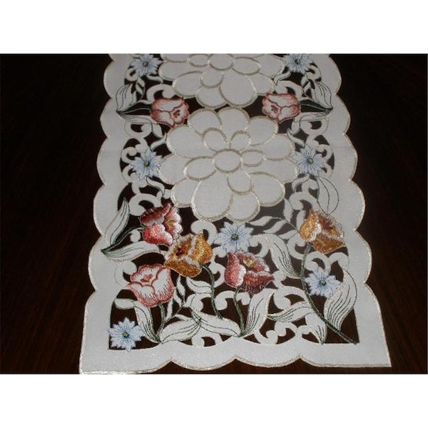 Fastfood LY0046-16-2PK 16 in. Embroidered Tulips Cutwork Doilies, Ivory - FA2570254