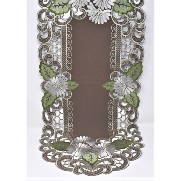 Sinobrite H8852-1-16x45 16 x 45 in. White Daisy Green Leaves on Brown Fabric Table Runner - H8852/1-16X45