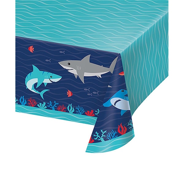 Ptyc 54 x 102 in. Shark Party Paper All Over Print Tablecover - 350501