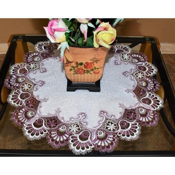 Sinobrite H8139-P-016 16 in. Purple European Lace with White Antique Fabric Doily - H8139/P-016