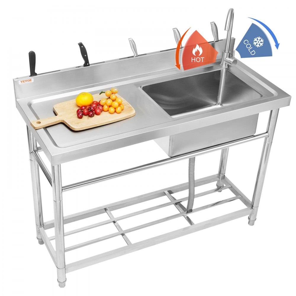 VEVOR Stainless Steel Utility Sink, 1 Compartment Free Standing Small Sink w/Workbench Faucet & legs, 47.2 x 19.7 x 37.4 in Commercial Single Bowl Sinks for Garage, Restaurant, Laundry, NSF Certified - DSCDGZTYDC472HWQ3V0