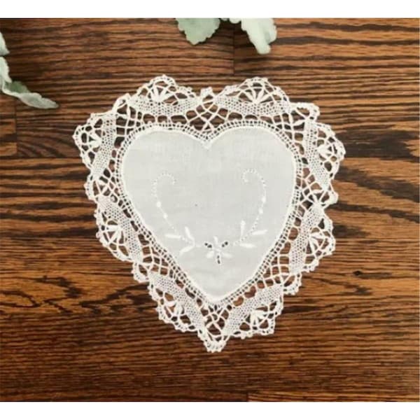 Tarifa 8 in. Embroidered Crochet Doily with Heart Shape Cluny Lace - TA3111922