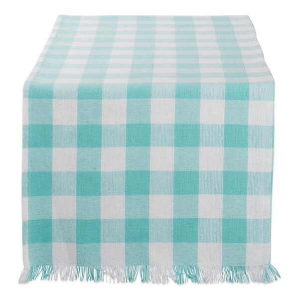 Fastfood 14 x 72 in. Aqua Heavyweight Check Fringed Table Runner - FA1582930