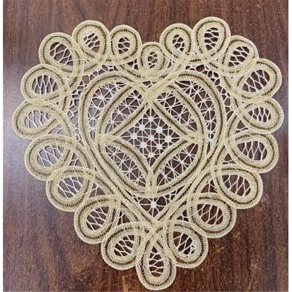 Peking Handicraft 8 in. All Battenburg Heart Shape Gold Edwardian Crochet Doily - 0650GD08HT