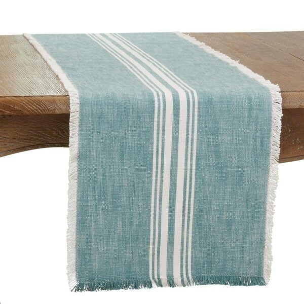 Saro 13 x 72 in. Striped Fringe Oblong Table Runner, Turquoise - 1919.TQ1372B