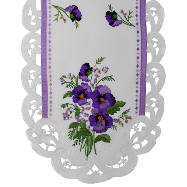 Sinobrite 16 x 36 in. Purple Pansy on Cream Fabric Table Runner - H0010-16X36