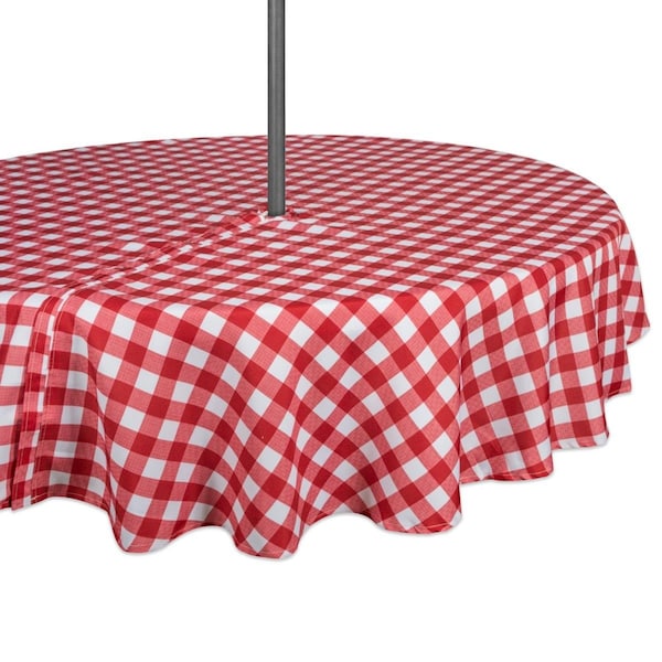 Fastfood 52 in. Round Red Check Outdoor Tablecloth with Zipper - FA2567434