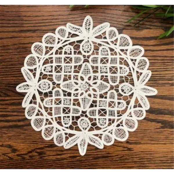 Peking Handicraft 10 in. Battenburg Machine Embroidered Crochet Doily - 06373MW10