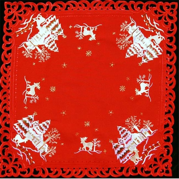 Sinobrite Sinobrite H8837-R Reindeer Red Cloth Square Table-Topper; 44 x 44 in. - H8837/R(44X44)