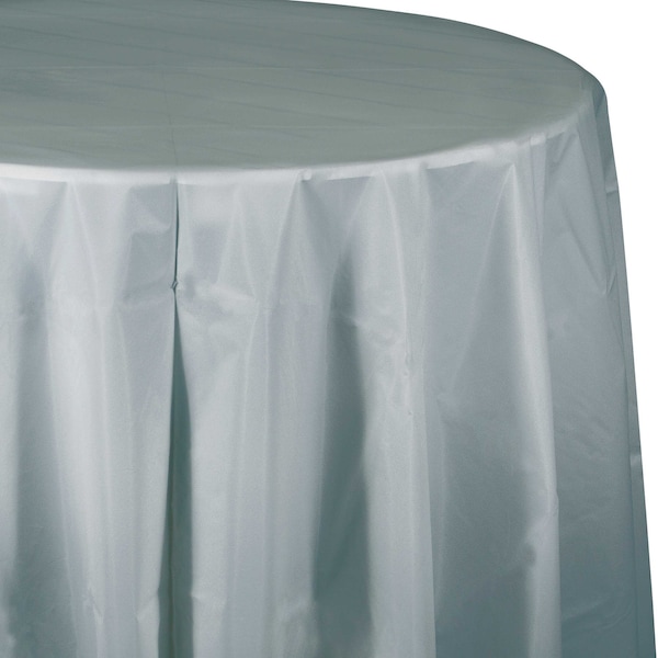 Touch Of Color Shimmering Silver Round Plastic Tablecloth, 82", 12PK - 703281