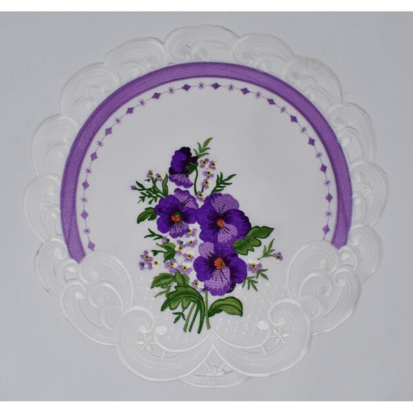 Sinobrite 8 in. Purple Pansy on Cream Fabric Doily - H0010-008