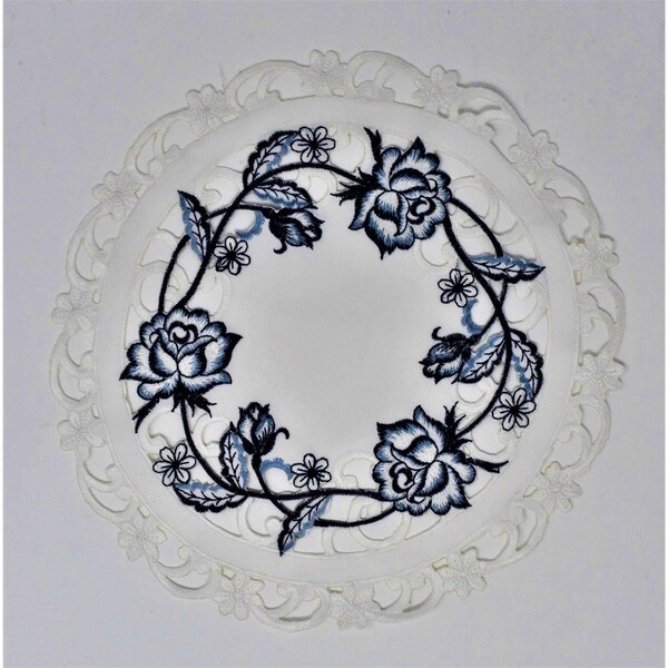 Sinobrite 24 in. Blue Rose on White Fabric Doily - H8459-024