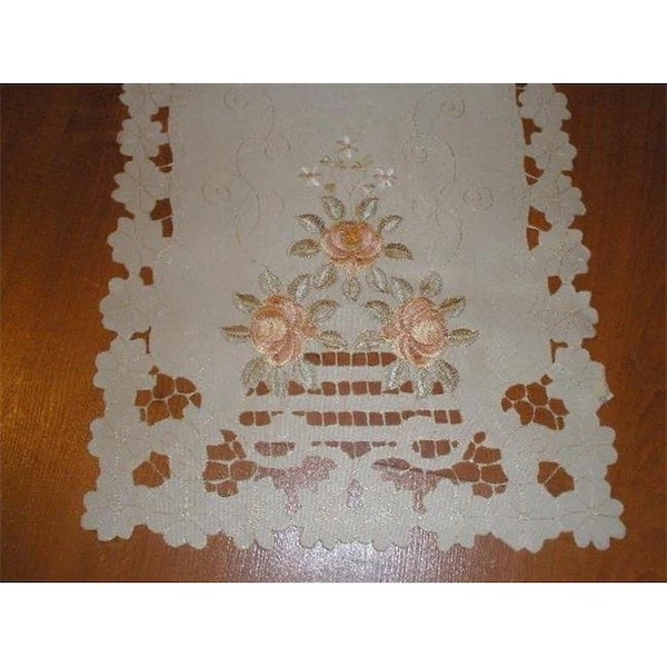Tapestry Trading Tapestry Trading SY07007-1472 14 x 72 in. Embroidered Peach Rose And Lacy Cutwork Table Runner; Ivory - SY07007/1472