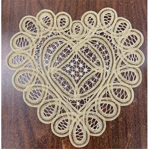 Tarifa 10 in. All Battenburg Heart Shape Gold Edwardian Crochet Doily - TA3117385