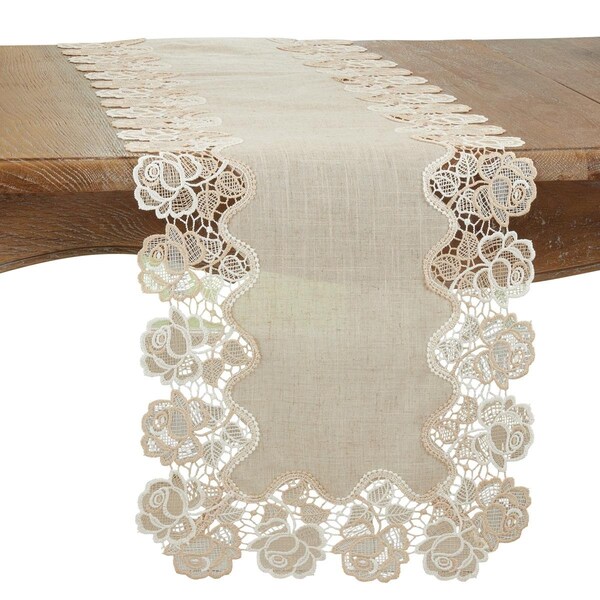 Saro 16 x 90 in. Lace Rose Border Oblong Table Runner, Natural - 7082.N1690B