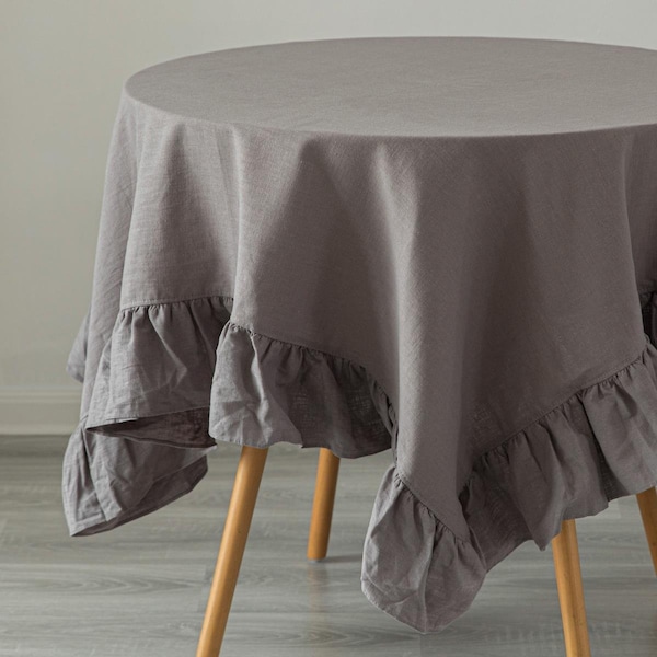Morder 60 x 80 in. 100 Percent Pure Linen Washable Tablecloth with Ruffle Trim, Gray - Rectangle - MO2641923