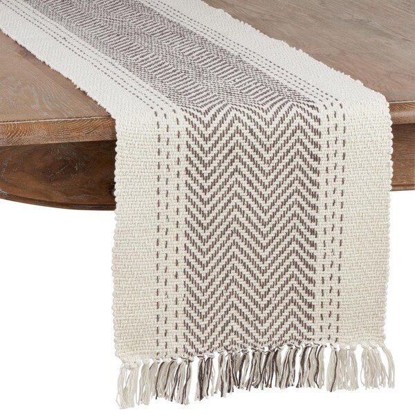 Saro Saro 1229.GY16120B 16 x 120 in. Kantha Stitch Oblong Table Runner; Gray - 1229.GY16120B